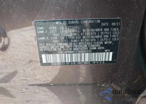 2021 Subaru Ascent Premium z USA, uszkodzony, nr VIN 4S4WMAFD2M3466690